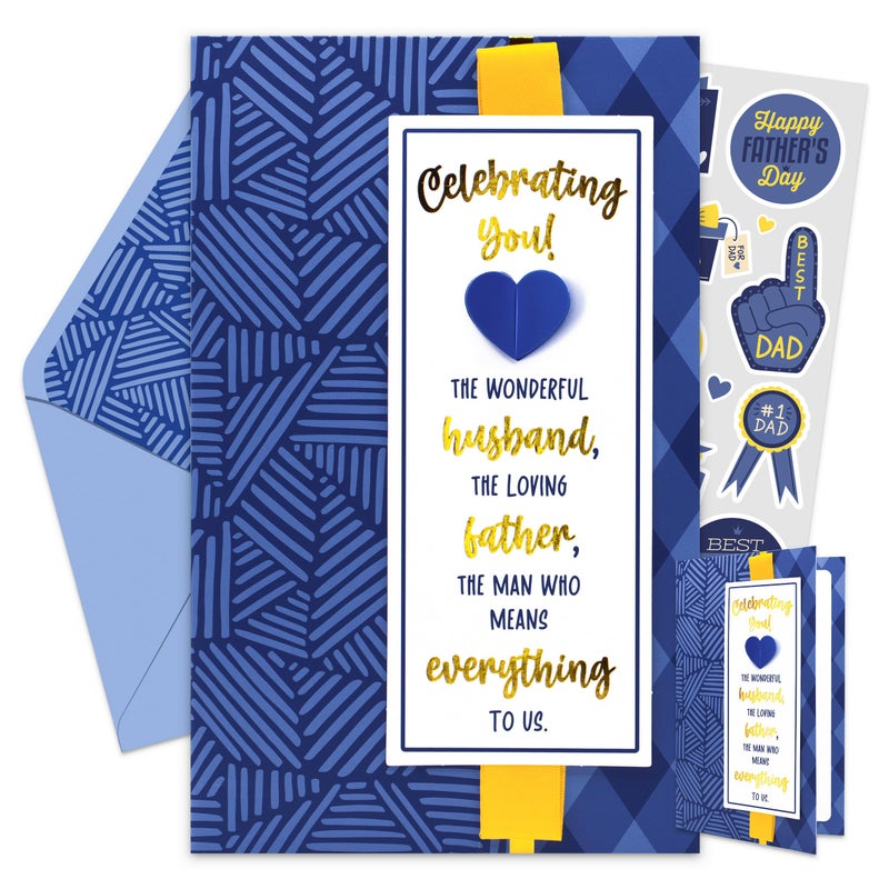 Decorably Gold-Foil 5x8in Handmade Individual Happy Fathers Day Card For Husband with Ribbon, Greeting & Heart Cutout, Father's Day Card for Husband with Envelope and Stickers, Printed Message Inside - Image 1