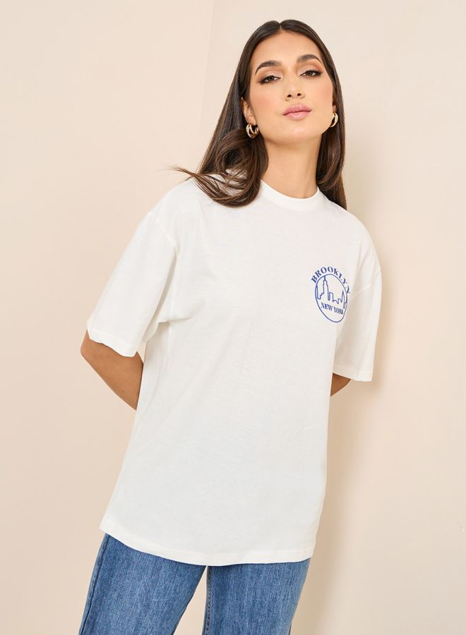 Styli Oversized Embroidered Brooklyn Slogan Longline T-Shirt  - Image 1