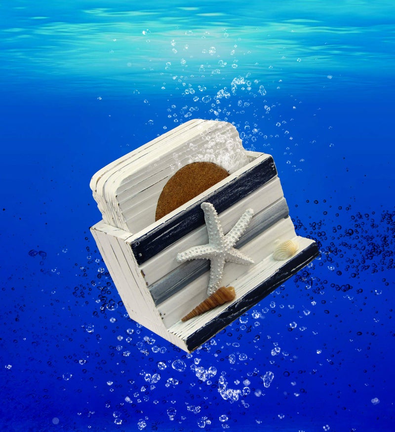 Puzzled White and Blue Stripes Wooden Nautical Coasters - Tabletop Wooden Coastal Decor for Home  Kitchen  Bar  Beach Themed Gifts Square Coasters Set of 4  Handmade Drink Coasters with Holder - Image 5