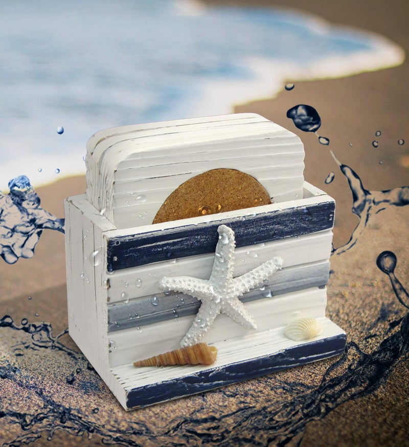 Puzzled White and Blue Stripes Wooden Nautical Coasters - Tabletop Wooden Coastal Decor for Home  Kitchen  Bar  Beach Themed Gifts Square Coasters Set of 4  Handmade Drink Coasters with Holder - Image 4