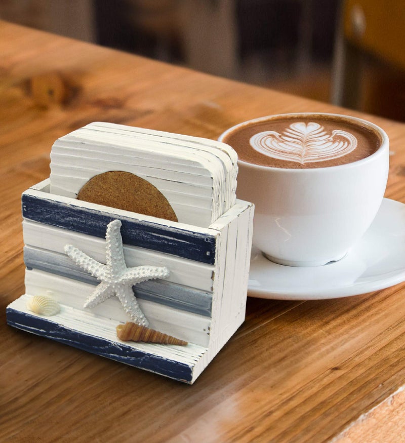 Puzzled White and Blue Stripes Wooden Nautical Coasters - Tabletop Wooden Coastal Decor for Home  Kitchen  Bar  Beach Themed Gifts Square Coasters Set of 4  Handmade Drink Coasters with Holder - Image 3