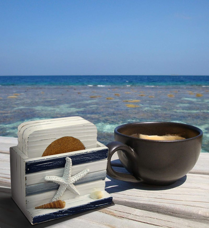 Puzzled White and Blue Stripes Wooden Nautical Coasters - Tabletop Wooden Coastal Decor for Home  Kitchen  Bar  Beach Themed Gifts Square Coasters Set of 4  Handmade Drink Coasters with Holder - Image 2