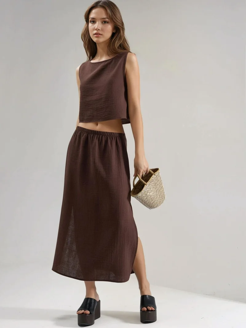 HICCUP Crop Blouse & Slit Detailed Skirt Muslin Two Piece Set