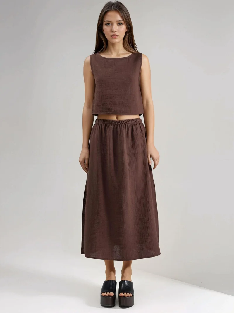 HICCUP Crop Blouse & Slit Detailed Skirt Muslin Two Piece Set