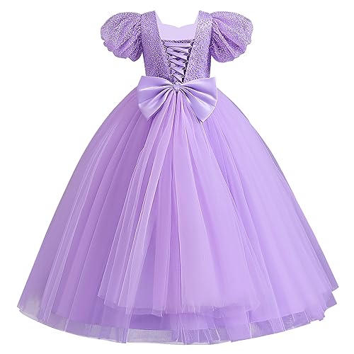 IDOPIP Flower Girl Sequin Lace-up Bowknot Dress for Kids Wedding Bridesmaid Pageant Party Formal Long Maxi Gown Big Little Princess First Communion Birthday Prom Puffy Tulle Dresses Purple 13-14 Years - Image 1
