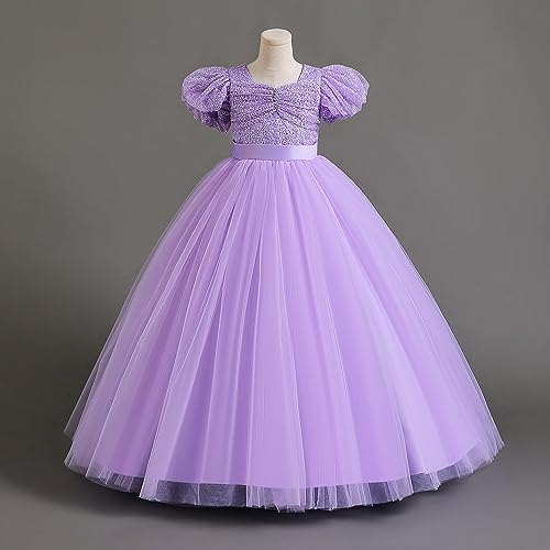 IDOPIP Flower Girl Sequin Lace-up Bowknot Dress for Kids Wedding Bridesmaid Pageant Party Formal Long Maxi Gown Big Little Princess First Communion Birthday Prom Puffy Tulle Dresses Purple 13-14 Years - Image 3
