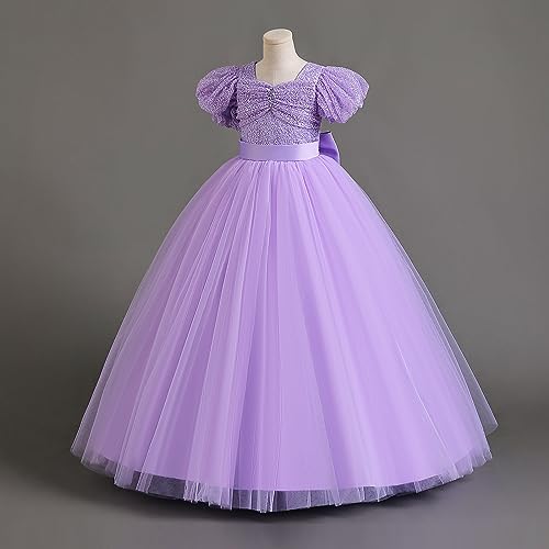 IDOPIP Flower Girl Sequin Lace-up Bowknot Dress for Kids Wedding Bridesmaid Pageant Party Formal Long Maxi Gown Big Little Princess First Communion Birthday Prom Puffy Tulle Dresses Purple 13-14 Years - Image 4