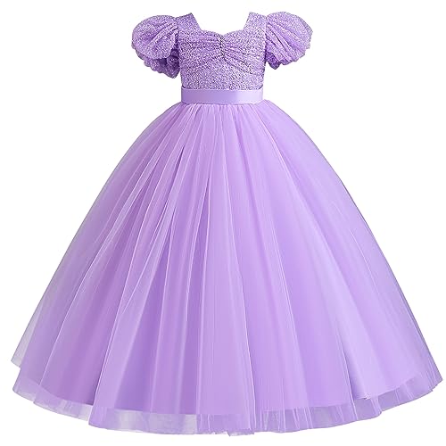 IDOPIP Flower Girl Sequin Lace-up Bowknot Dress for Kids Wedding Bridesmaid Pageant Party Formal Long Maxi Gown Big Little Princess First Communion Birthday Prom Puffy Tulle Dresses Purple 13-14 Years - Image 2