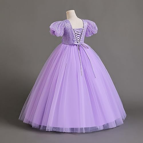 IDOPIP Flower Girl Sequin Lace-up Bowknot Dress for Kids Wedding Bridesmaid Pageant Party Formal Long Maxi Gown Big Little Princess First Communion Birthday Prom Puffy Tulle Dresses Purple 13-14 Years - Image 5