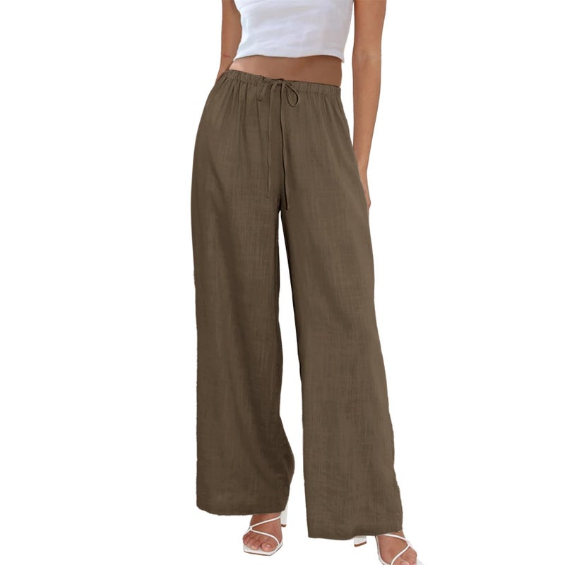 Duyang Womens Cotton Linen Palazzo Pants Drawstring Elastic Waist Casual Wide Leg Trousers with Pockets(Chestnut Brown,S) - Image 1