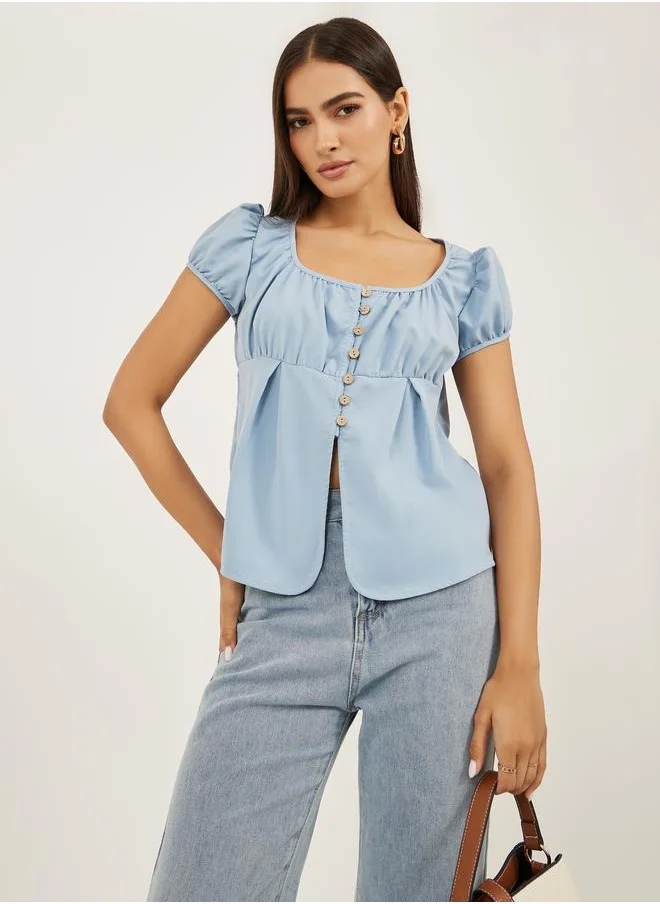 Styli Styli Plain Puff Sleeves Buttoned Top with Gathered Detail