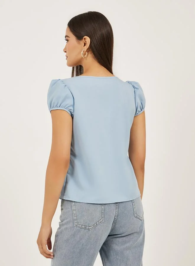 Styli Styli Plain Puff Sleeves Buttoned Top with Gathered Detail