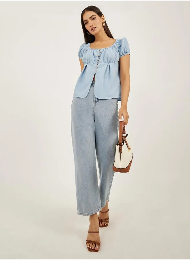 Styli Styli Plain Puff Sleeves Buttoned Top with Gathered Detail