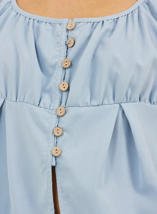 Styli Styli Plain Puff Sleeves Buttoned Top with Gathered Detail
