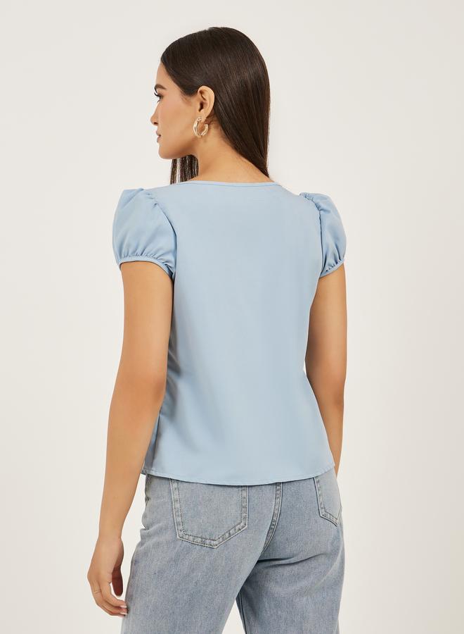 Styli Plain Puff Sleeves Buttoned Top with Gathered Detail - Image 4