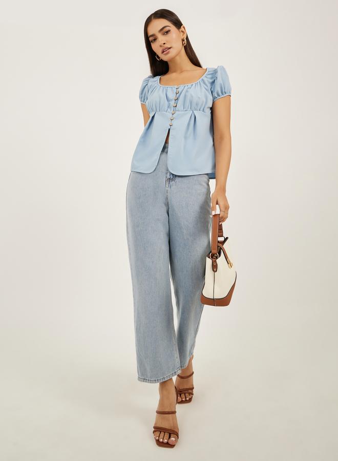 Styli Plain Puff Sleeves Buttoned Top with Gathered Detail - Image 2