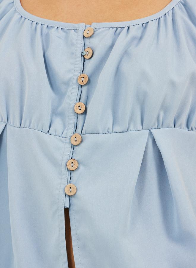 Styli Plain Puff Sleeves Buttoned Top with Gathered Detail - Image 3