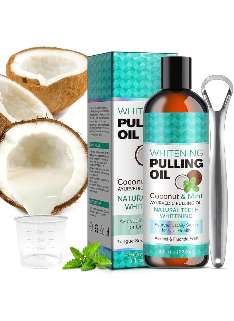ORALHOE - Coconut Pulling Oil for Teeth 237 ml, Coconut Oil, Mouth Pulling Oil with Coconut & Peppermint Oil, Mint Oil for Pulling Mouthwash with Tongue Scraper, Coconut Oil for Teeth Fresh Breath, Teeth - Image 1