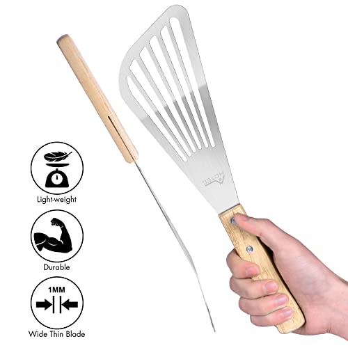 HOTEC 2pcs Stainless Steel Wooden Handle Fish Spatula, Metal Spatula Flipping Foods - Image 4