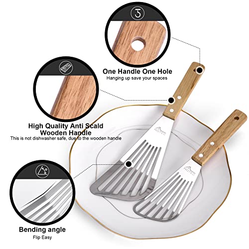 HOTEC 2pcs Stainless Steel Wooden Handle Fish Spatula, Metal Spatula Flipping Foods - Image 3