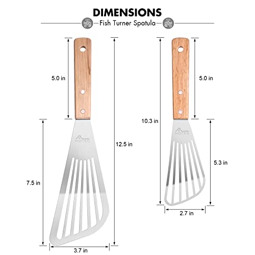 HOTEC 2pcs Stainless Steel Wooden Handle Fish Spatula, Metal Spatula Flipping Foods - Image 2