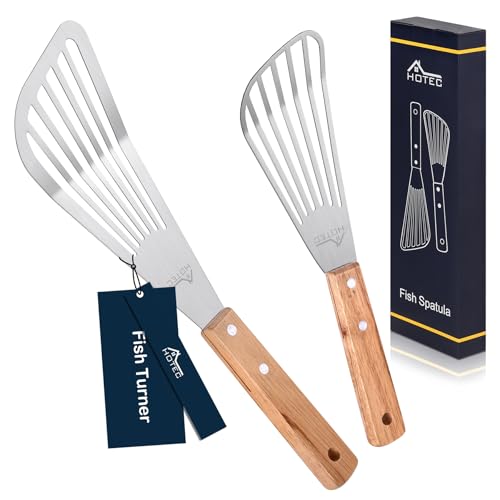 HOTEC 2pcs Stainless Steel Wooden Handle Fish Spatula, Metal Spatula Flipping Foods - Image 1