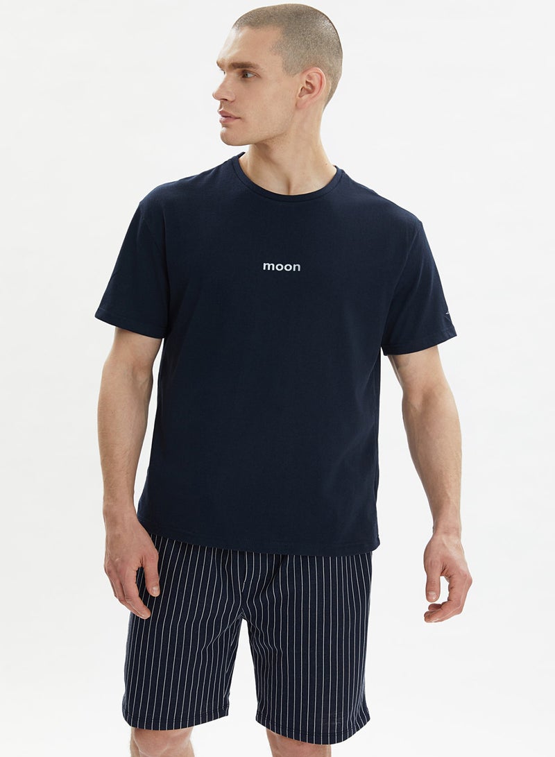 trendyol Navy Blue Regular Fit Printed Knitted Summer Pajamas Set with Shorts THMSS21PT1005 - Image 1