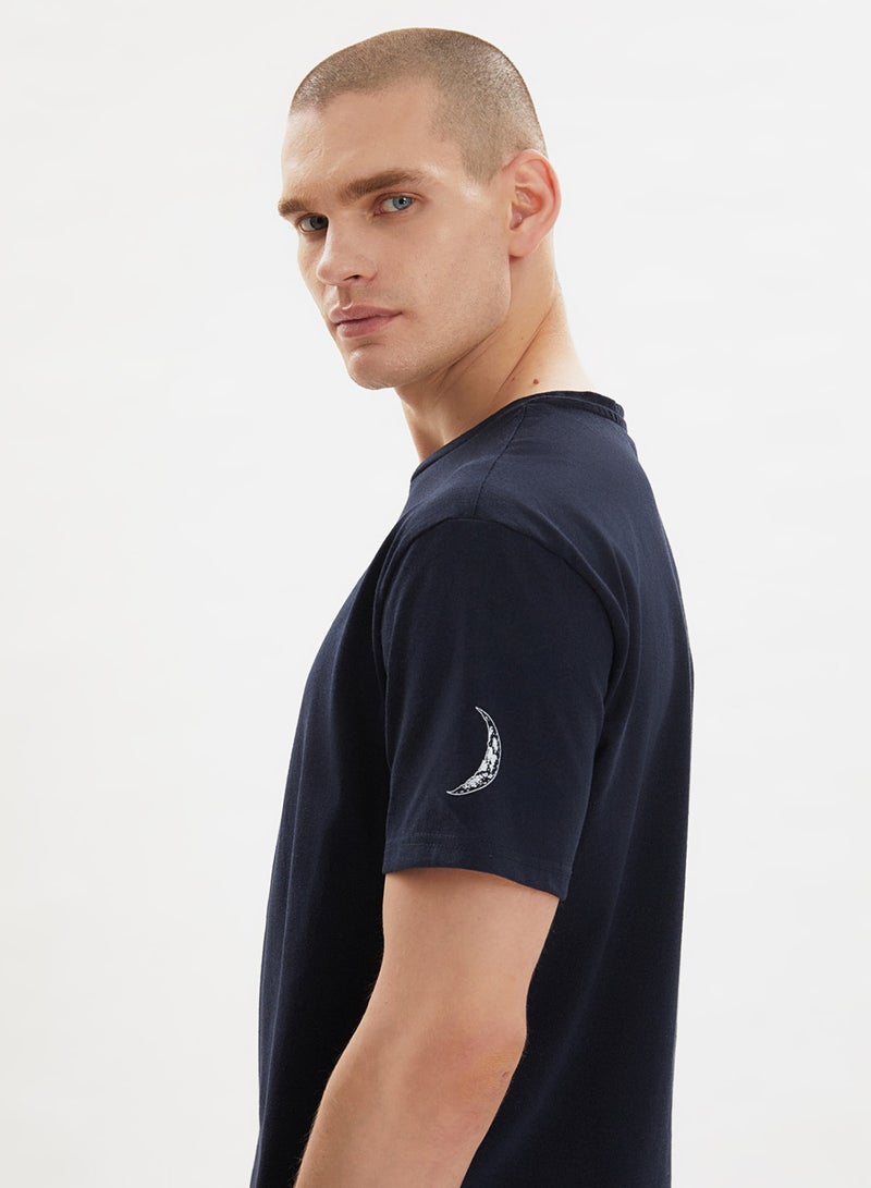 trendyol Navy Blue Regular Fit Printed Knitted Summer Pajamas Set with Shorts THMSS21PT1005 - Image 2