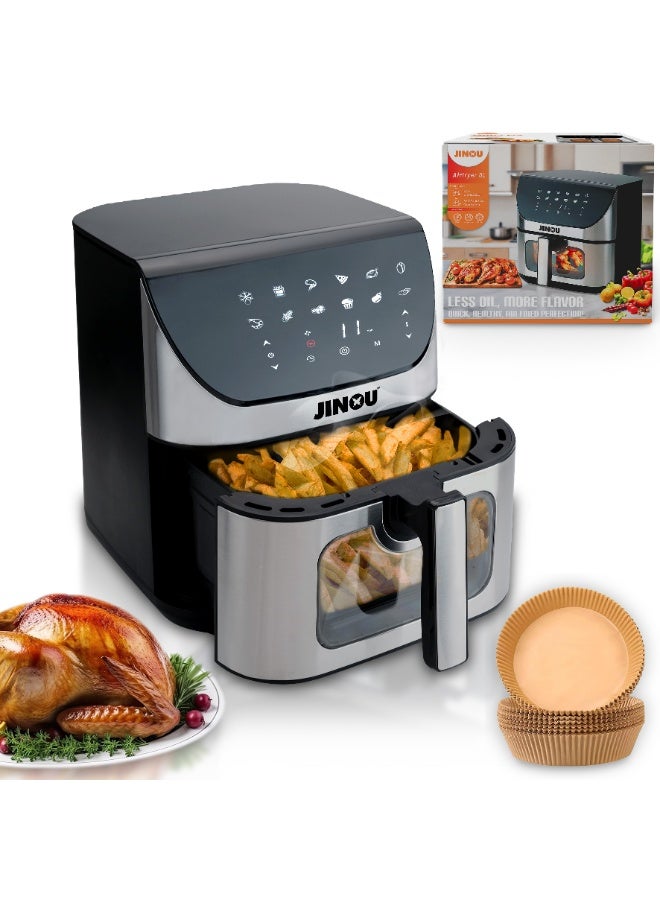 Air fryer 8L–Made with Non-Stick bucket & Touch Panel–The window glass airfryer for Frying, Grilling, Broiling, Roasting, Baking, Toasting, Vegetables, French Fries, Chicken, Meat & Fish (8L) - 10 Paper Liner Free