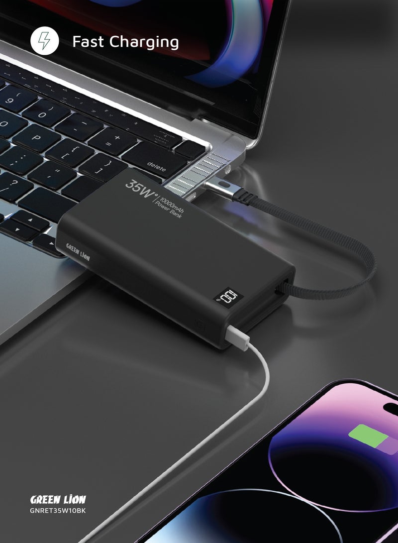 GREEN LION 10000 mAh Power Bank 10000mAh 35W Retractable 75cm Type-C Cable / Fast Charging / LED Display / Safe and Reliable Powerbank - Black - Image 4