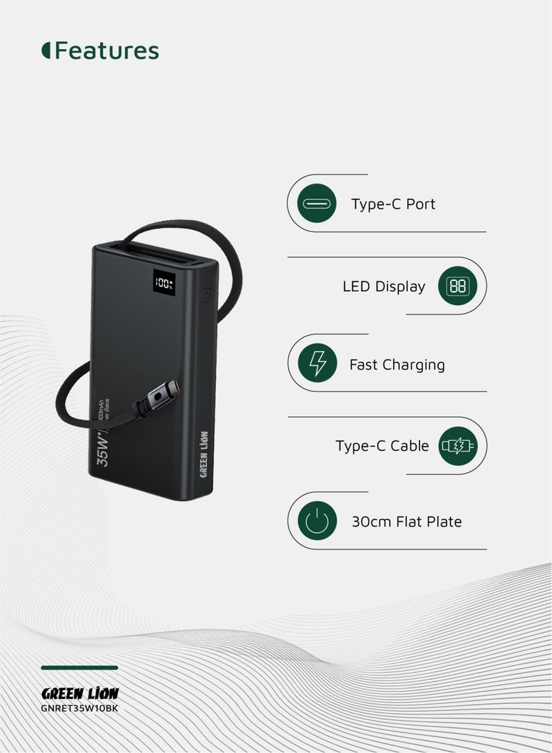GREEN LION 10000 mAh Power Bank 10000mAh 35W Retractable 75cm Type-C Cable / Fast Charging / LED Display / Safe and Reliable Powerbank - Black - Image 2
