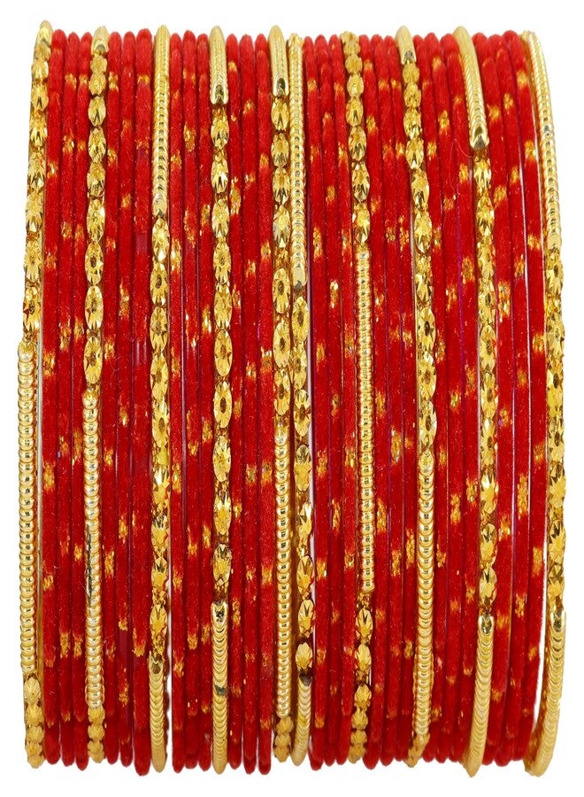 NMII Fancy Glass Golden Beads & Polka Dots Velvet Bangles Set For Women and Girls | Stylish Designer Bangles | Glass Chudi | Women's Fashion Jewellery, (Spring Set-(2)-Red-2.6 Inches) - Image 1
