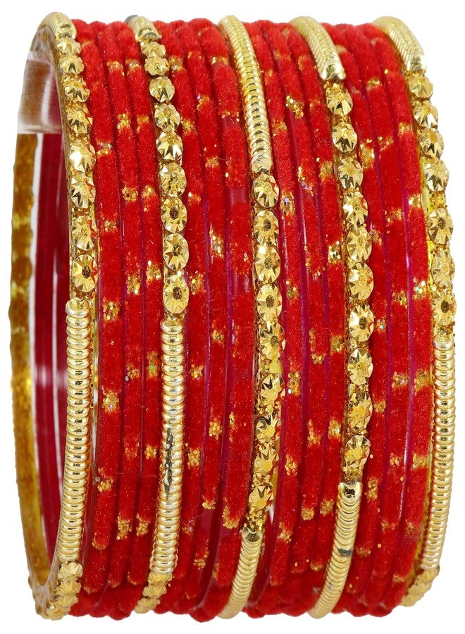 NMII Fancy Glass Golden Beads & Polka Dots Velvet Bangles Set For Women and Girls | Stylish Designer Bangles | Glass Chudi | Women's Fashion Jewellery, (Spring Set-(2)-Red-2.6 Inches) - Image 3