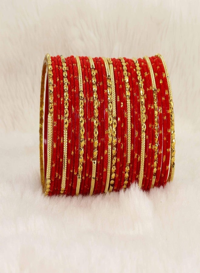 NMII Fancy Glass Golden Beads & Polka Dots Velvet Bangles Set For Women and Girls | Stylish Designer Bangles | Glass Chudi | Women's Fashion Jewellery, (Spring Set-(2)-Red-2.6 Inches) - Image 2