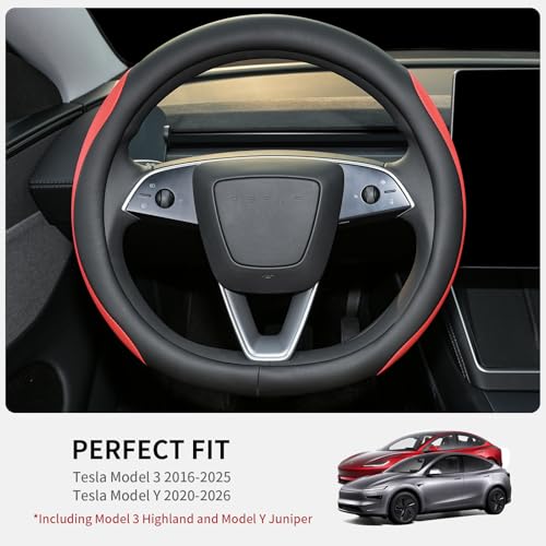 Uxcer Nappa Leather Steering Wheel Cover for Tesla Model 3/Y 2016-2025 2026 Juniper/Highland, Non-Slip Breathable Tesla Model 3/Y Steering Wheel Protector, Red - Image 2