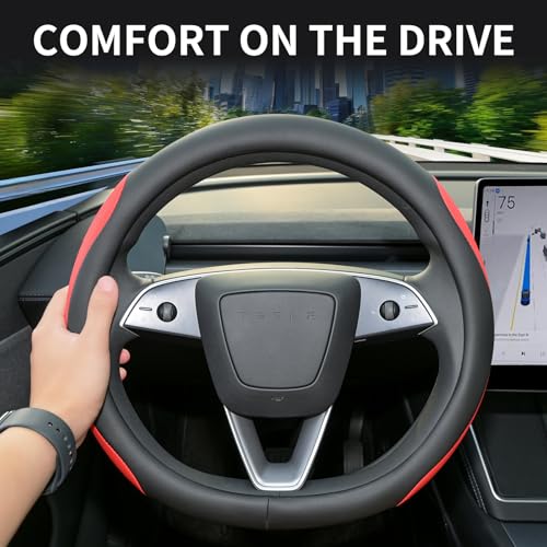 Uxcer Nappa Leather Steering Wheel Cover for Tesla Model 3/Y 2016-2025 2026 Juniper/Highland, Non-Slip Breathable Tesla Model 3/Y Steering Wheel Protector, Red - Image 3