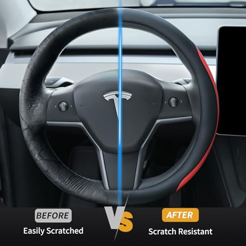Uxcer Nappa Leather Steering Wheel Cover for Tesla Model 3/Y 2016-2025 2026 Juniper/Highland, Non-Slip Breathable Tesla Model 3/Y Steering Wheel Protector, Red - Image 4