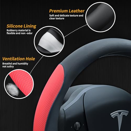 Uxcer Nappa Leather Steering Wheel Cover for Tesla Model 3/Y 2016-2025 2026 Juniper/Highland, Non-Slip Breathable Tesla Model 3/Y Steering Wheel Protector, Red - Image 5