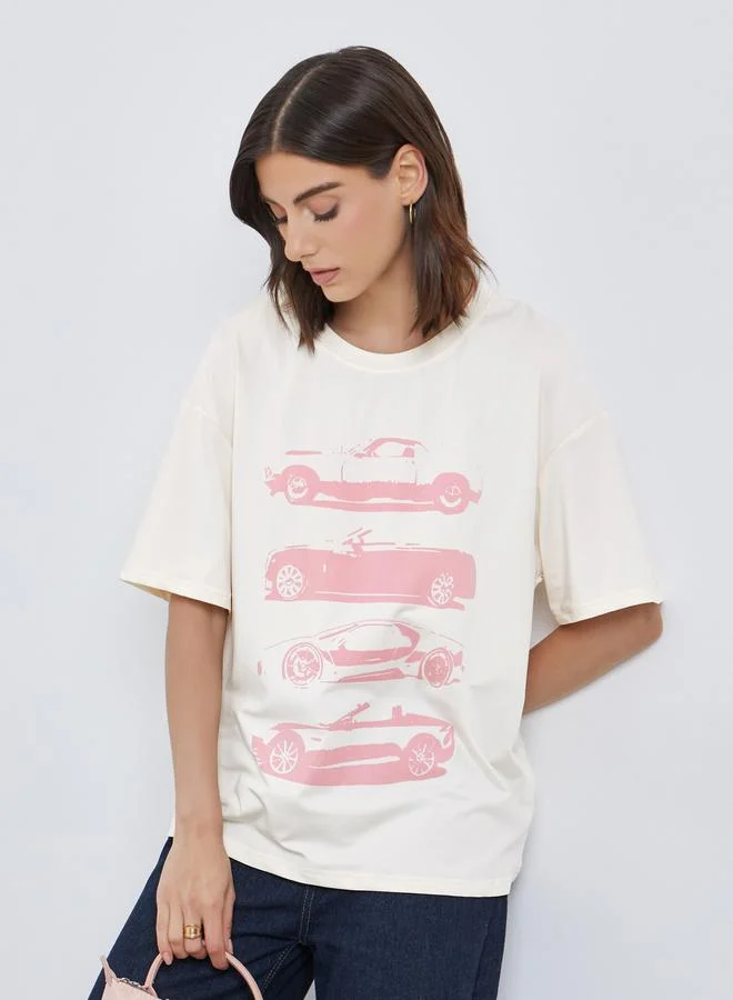 تايك تو Take Two Graphic Print Oversized Round Neck T-Shirt
