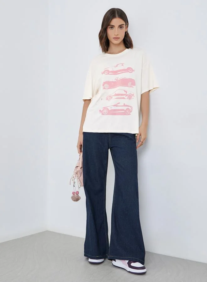 تايك تو Take Two Graphic Print Oversized Round Neck T-Shirt