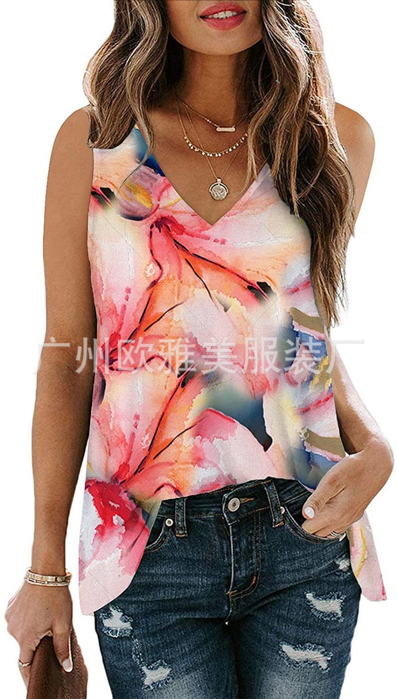 2022 European and American Foreign Trade womens clothing fashion Gradient print loose casual V-neck sleeveless vest sweet fresh T-shirt Bright red color 