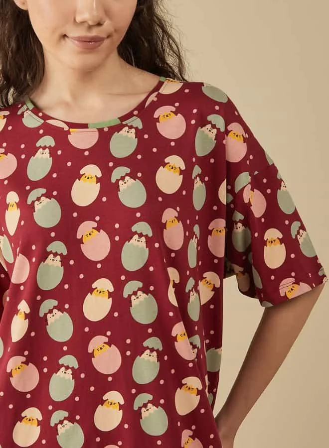 Splash FAV Printed Sleepshirt with Round Neck and Short Sleeves