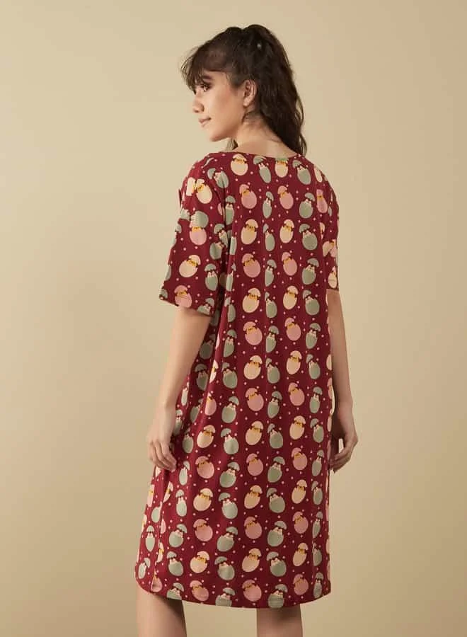 Splash FAV Printed Sleepshirt with Round Neck and Short Sleeves