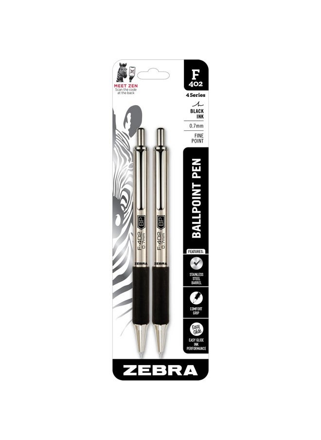 Zebra Pen F-402 Retractable Ballpoint Pen, Stainless Steel Barrel, Fine Point, 0.7Mm, Black Ink, 2-Pack  - Image 1