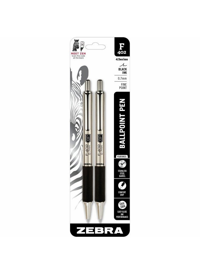Zebra Pen F-402 Retractable Ballpoint Pen, Stainless Steel Barrel, Fine Point, 0.7Mm, Black Ink, 2-Pack  - Image 2