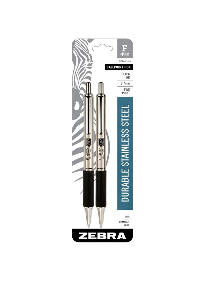 Zebra Pen F-402 Retractable Ballpoint Pen, Stainless Steel Barrel, Fine Point, 0.7Mm, Black Ink, 2-Pack  - Image 3