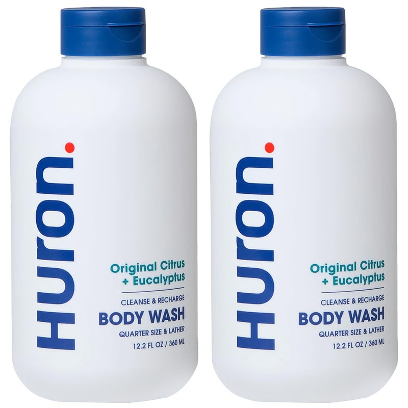 Huron Menâ€™s Moisturizing Body Wash â€“ Crisp & Invigorating Scent of Citrus, Eucalyptus, Mint, & Aromatic Greens - Coconut Oil, Vitamin E & Witch Hazel â€“ Vegan, Cruelty-Free - 12.2 fl oz (2 Pack) - Image 1