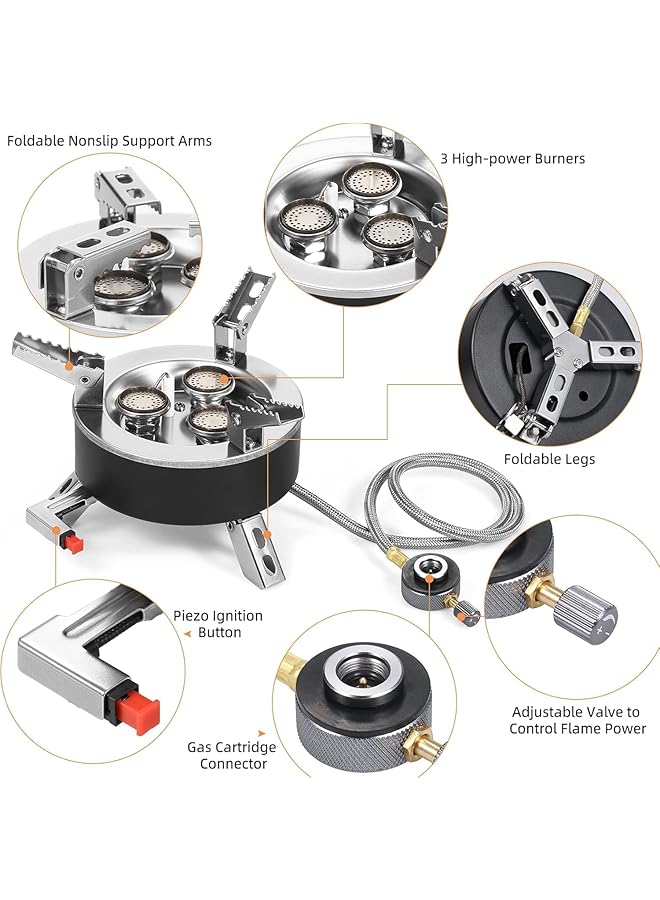Generic 6800W Camping Gas Stove Folding 3 Burners Piezo Ignition Backpacking Stove Outdoor Cooking Stove Furnace For Camping Hiking Picnic Emergency  - Image 3