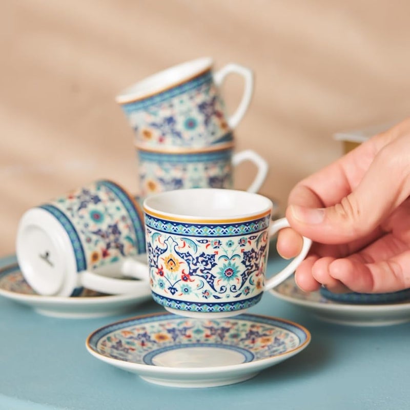 Karaca Beylerbeyi Porcelain Turkish Coffee Cup Set of 6, 12 Piece, 80ml, White Blue Multi - Image 2
