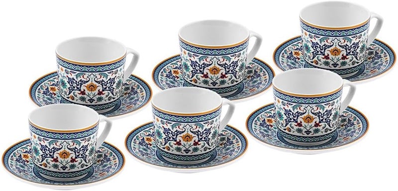 Karaca Beylerbeyi Porcelain Turkish Coffee Cup Set of 6, 12 Piece, 80ml, White Blue Multi - Image 3